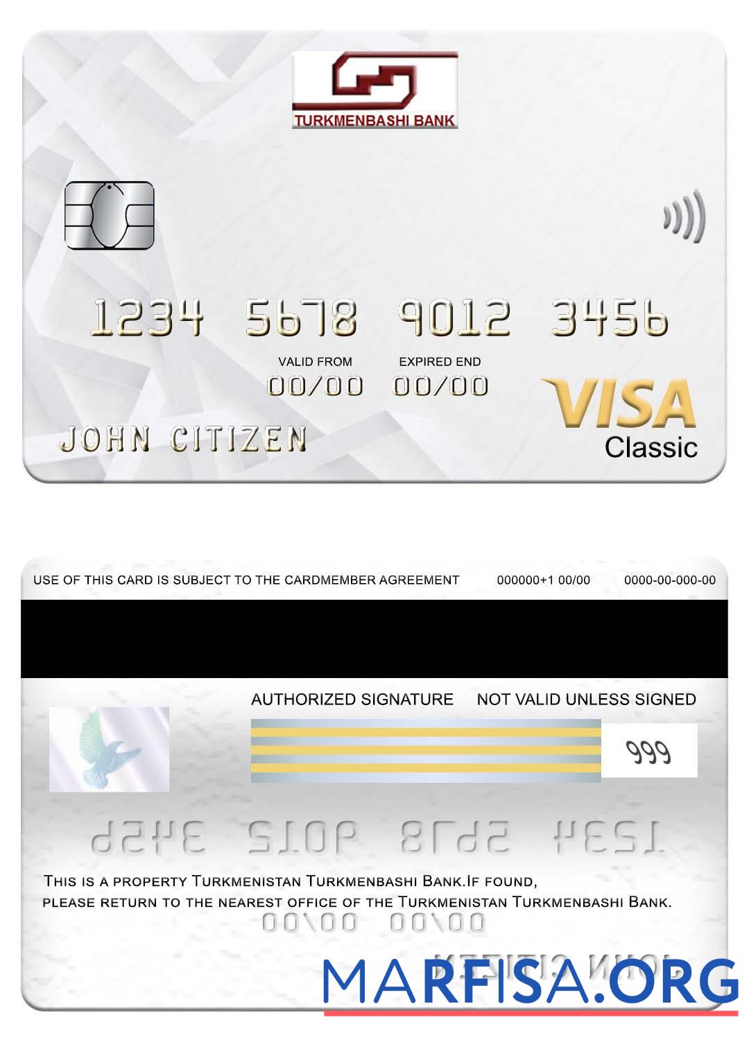 Realistic Turkmenistan Turkmenbashi Bank visa classic card sample